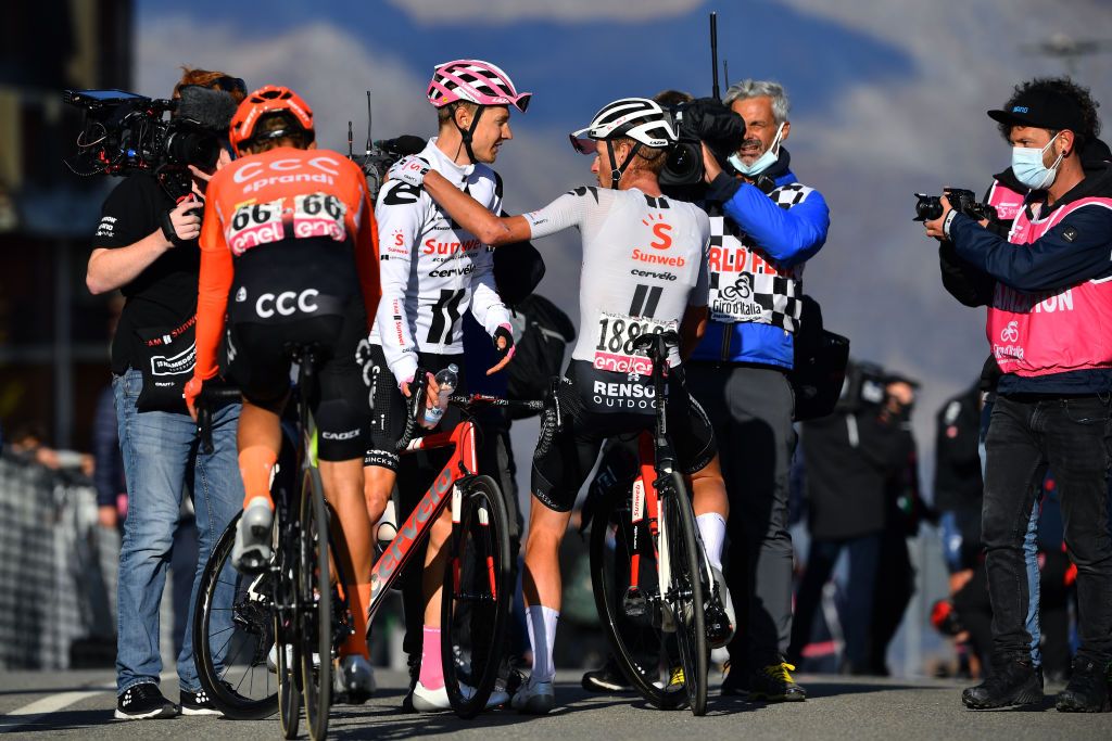 SESTRIERE ITALY OCTOBER 24 Arrival Wilco Kelderman of The Netherlands and Team Sunweb Pink Leader Jersey Disappointment Martijn Tusveld of The Netherlands and Team Sunweb during the 103rd Giro dItalia 2020 Stage 20 a 190km stage from Alba to Sestriere 2035m girodiitalia Giro on October 24 2020 in Sestriere Italy Photo by Stuart FranklinGetty Images