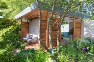 Cedar garden room with outdoor deck surrounded by planting with outdoor sofas