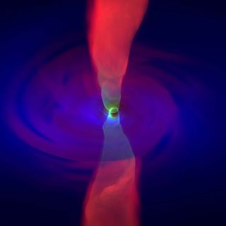 A simulated image by the University of Arizona shows the turbulent plasma in the extreme environment around a supermassive black hole.