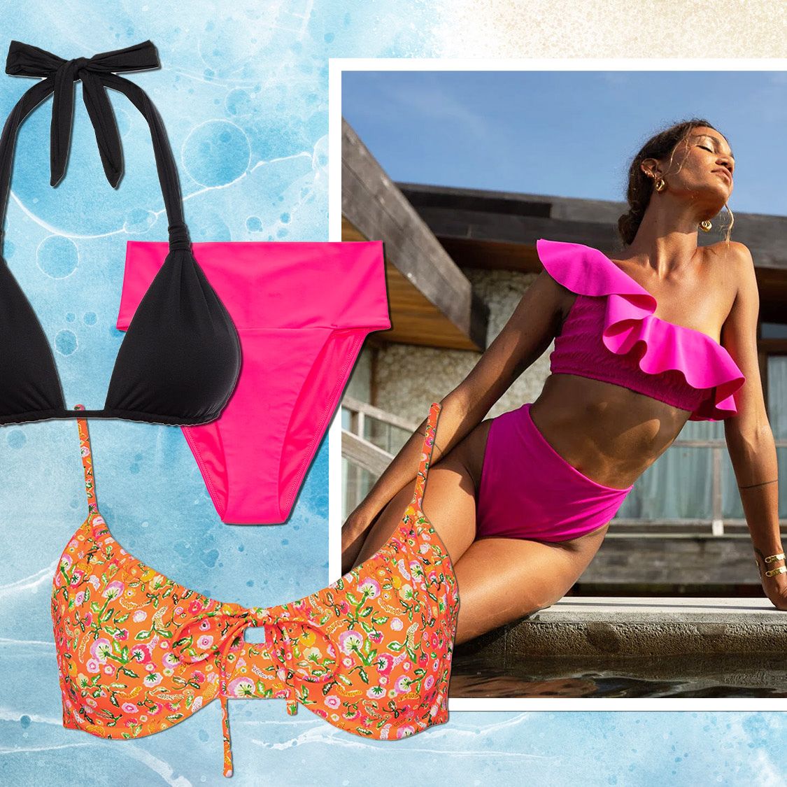 Collage of bikinis from aerie, follow suit, cleobella, and oseree with image of woman in bikini overlaid on beach image