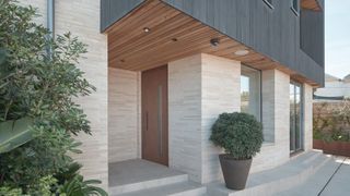 Modern house entrance with pale stone cladding, timber ceiling, steps, and a potted shrub beside a sleek, recessed front door.