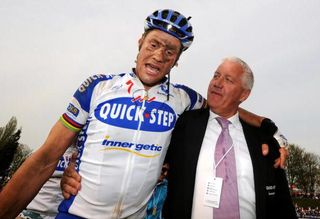 Patrick Lefevere congratulates Tom Boonen in the Roubaix velodrome after his 2009 victory