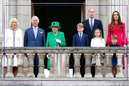 Left to right: Camilla Queen Consort, King Charles III, Queen Elizabeth II, Prince George, Prince William, Princess Charlotte, Prince Louis, Kate Middleton standing on the balcony at Buckingham Palace