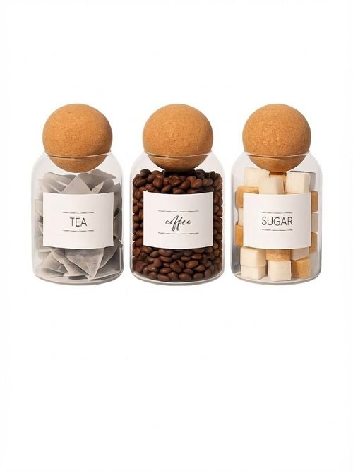 Tea Coffee Sugar Jars Set With Cork Lids and Sticker Labels