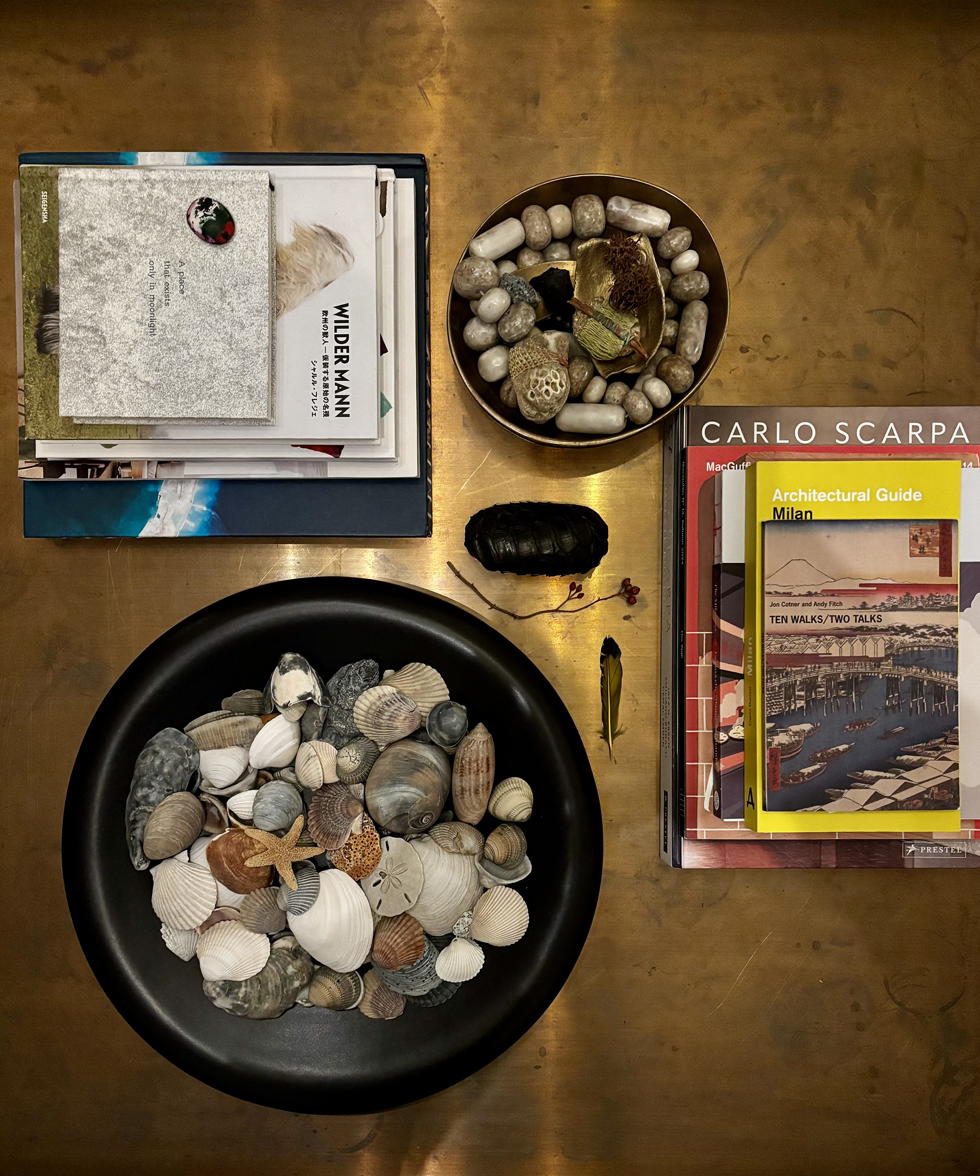 overhead shot of a bowl of shells on a coffee table