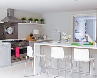 Breakfast bar ideas in an all white kitchen, with chrome oven and white acrylic bar stools.