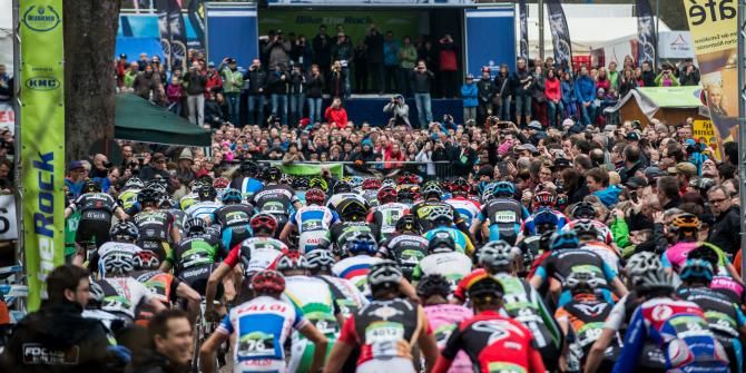 The start of the elite men's race at Bike the Rock in Heubach, Germany