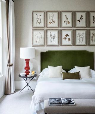 Neutral bedroom with green velvet headboard