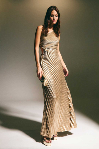 Gold Metallic Foil Pleated One Shoulder Maxi Dress