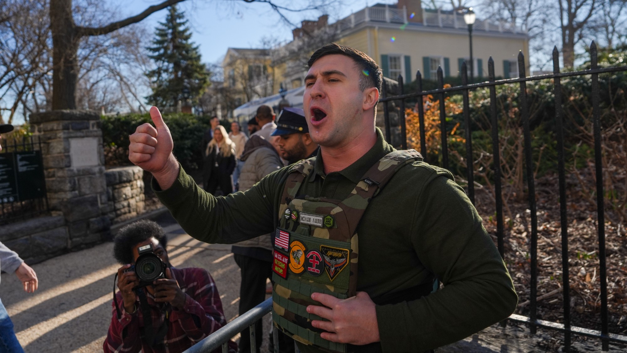 Far right activist Jake Lang during an anti-Muslim protest at the New York City mayor&rsquo;s mansion.