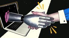 Handshake between robot and human in retro collage style