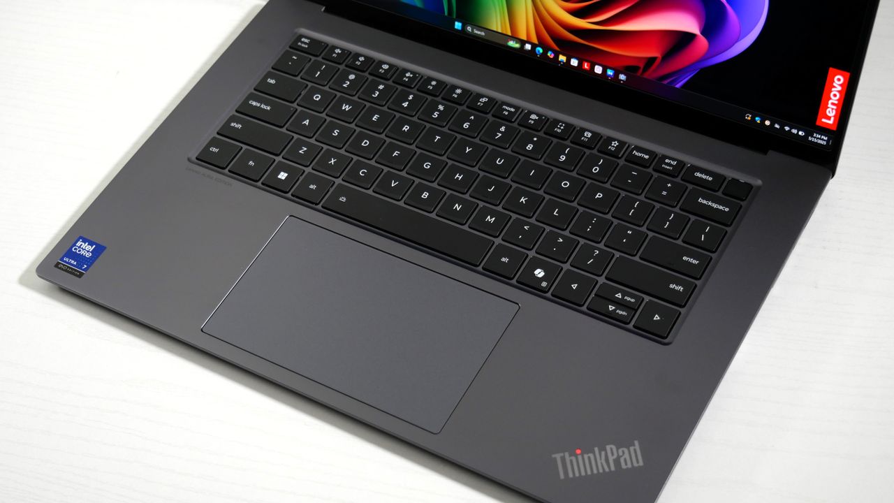 Lenovo ThinkPad X9-15 Gen 1 Aura Edition open on a desk, highlighting the keyboard.