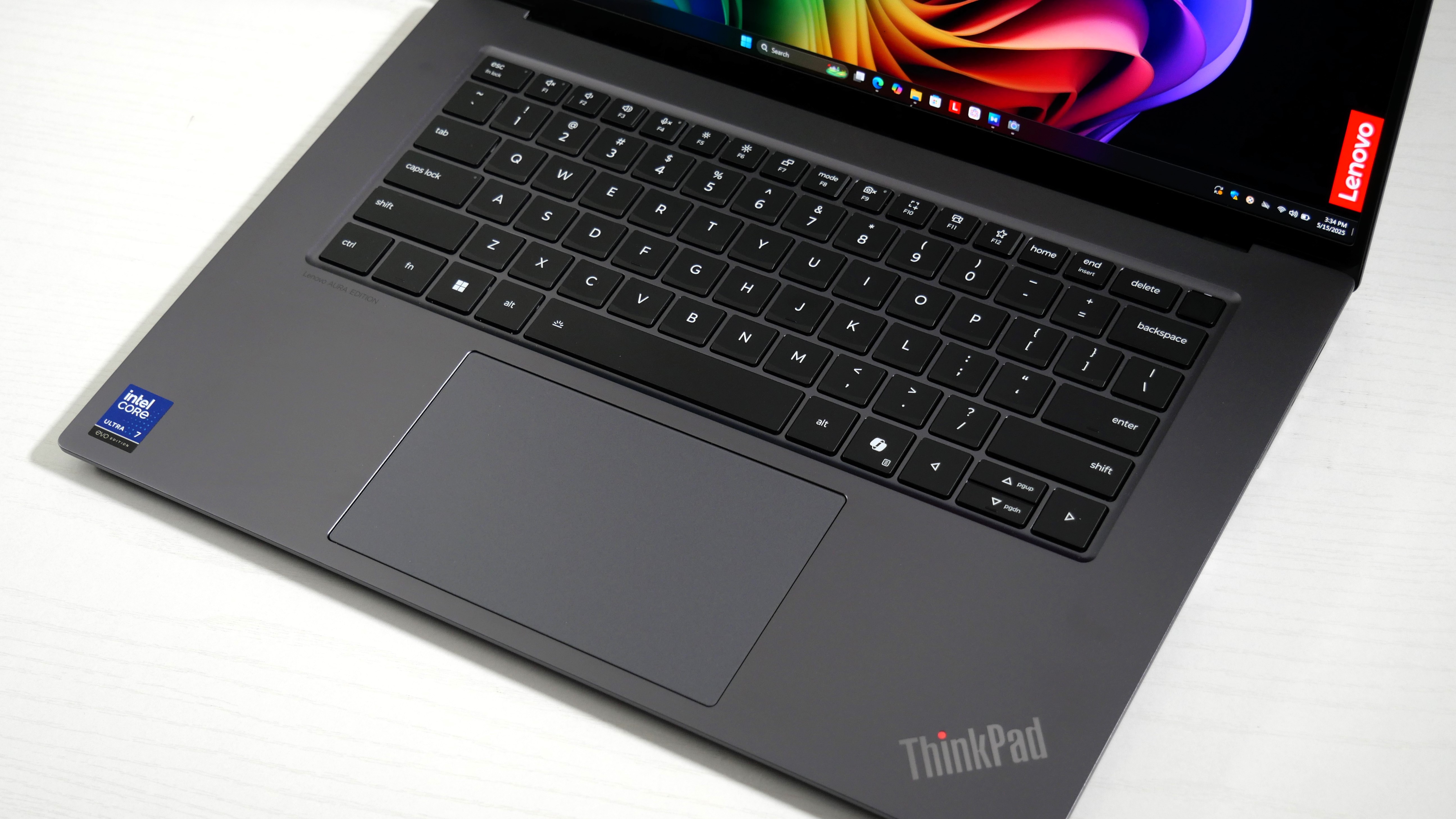 Lenovo ThinkPad X9-15 Gen 1 Aura Edition open on a desk, highlighting the keyboard.
