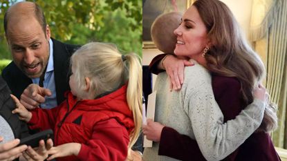 A split image of Prince William talking to a little girl and Kate Middleton hugging a teenager