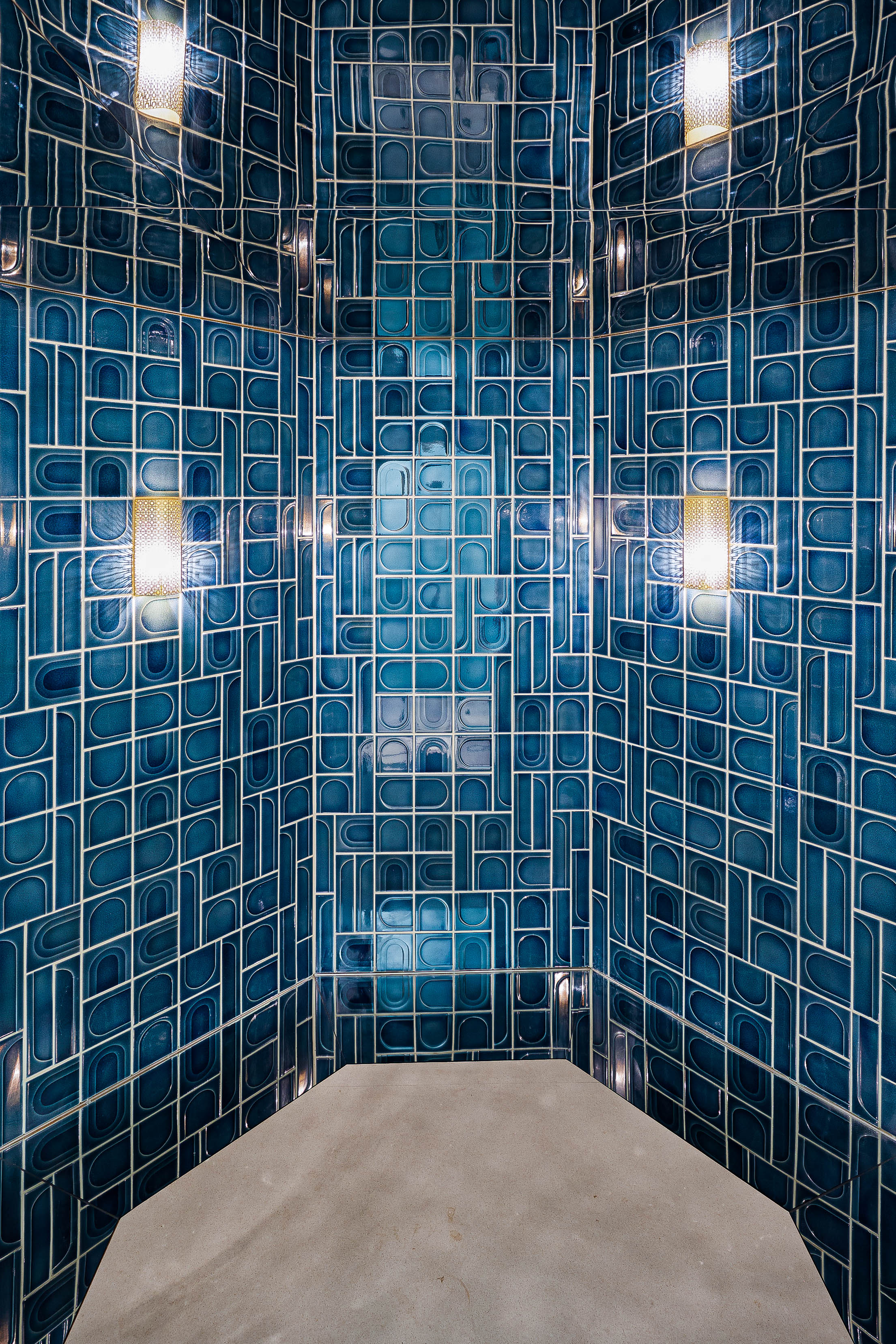 Nada Debs Kohler Hammam installation at Design Miami 2022 featuring blue and green tiles