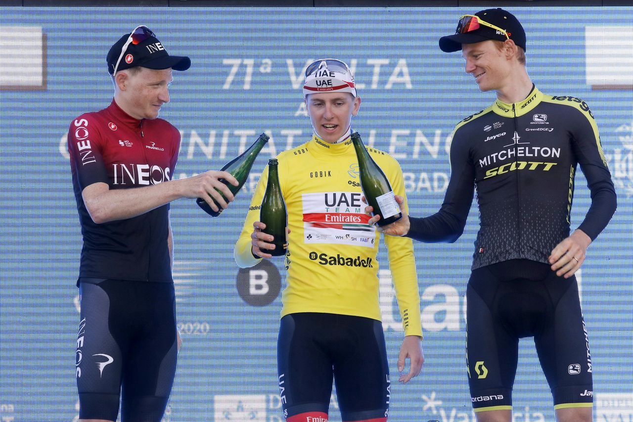 Volta a la Comunitat Valenciana 2020 - 71st Edition - 5th stage Paterna - Valencia 97,7 km - 09/02/2020 - Tadej Pogacar (SLO - UAE - Team Emirates) - Tao Geoghegan Hart (GBR - Team Ineos) - Jack Haig (AUS - Mitchelton - Scott) - photo Luis Angel Gomez/BettiniPhoto&Acirc;&copy;2020