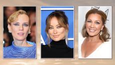 Collage of three framed images of Diane Kruger, Olivia Wilde and Vanessa Williams on a beige watercolour-style background 