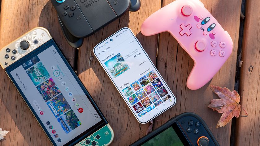 The Nintendo eShop Android app surrounded by Nintendo Switch controllers and a Switch 1 and 2