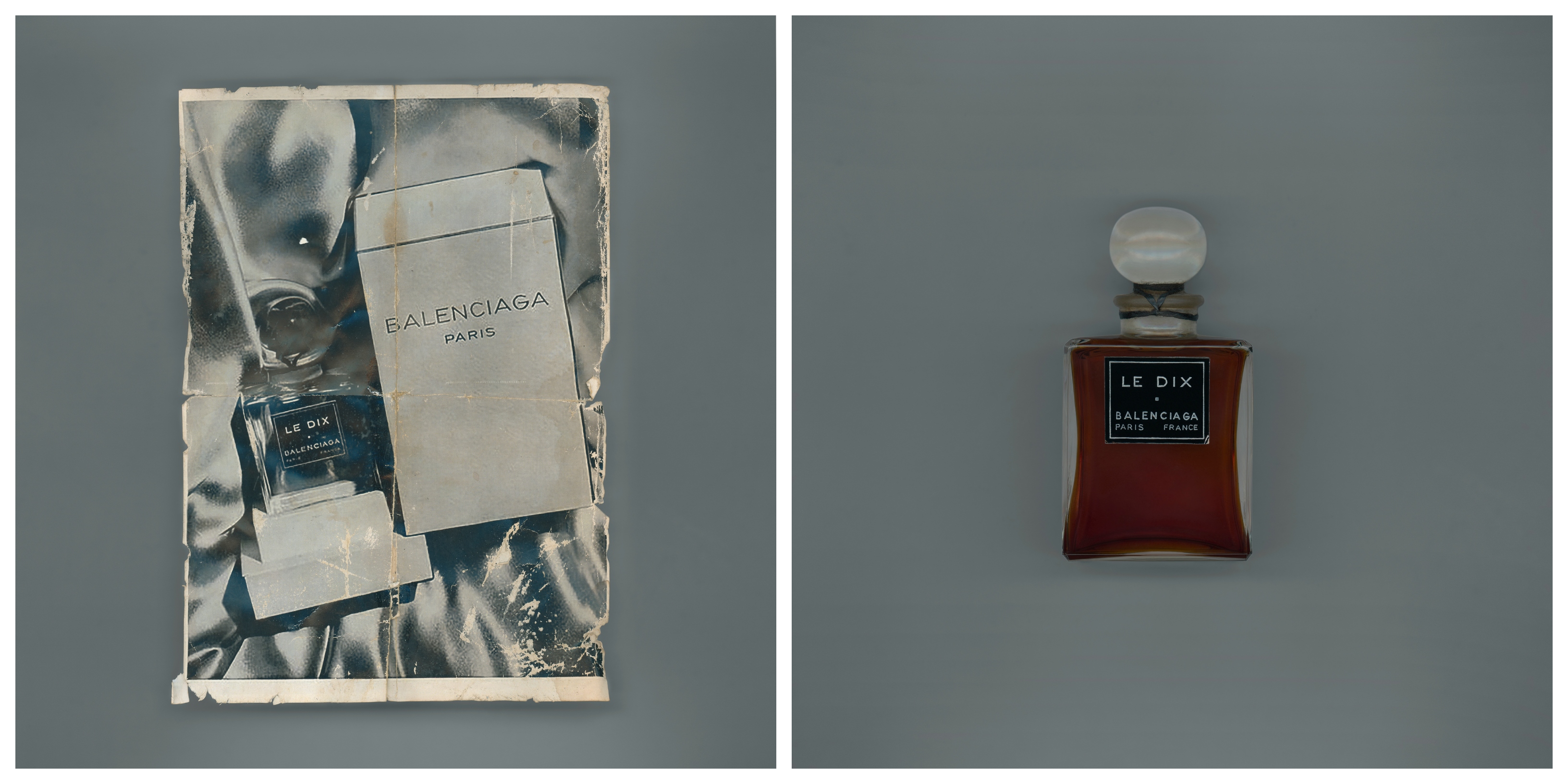 Balenciaga black and white vintage advertisement next to a brown glass bottle of perfume