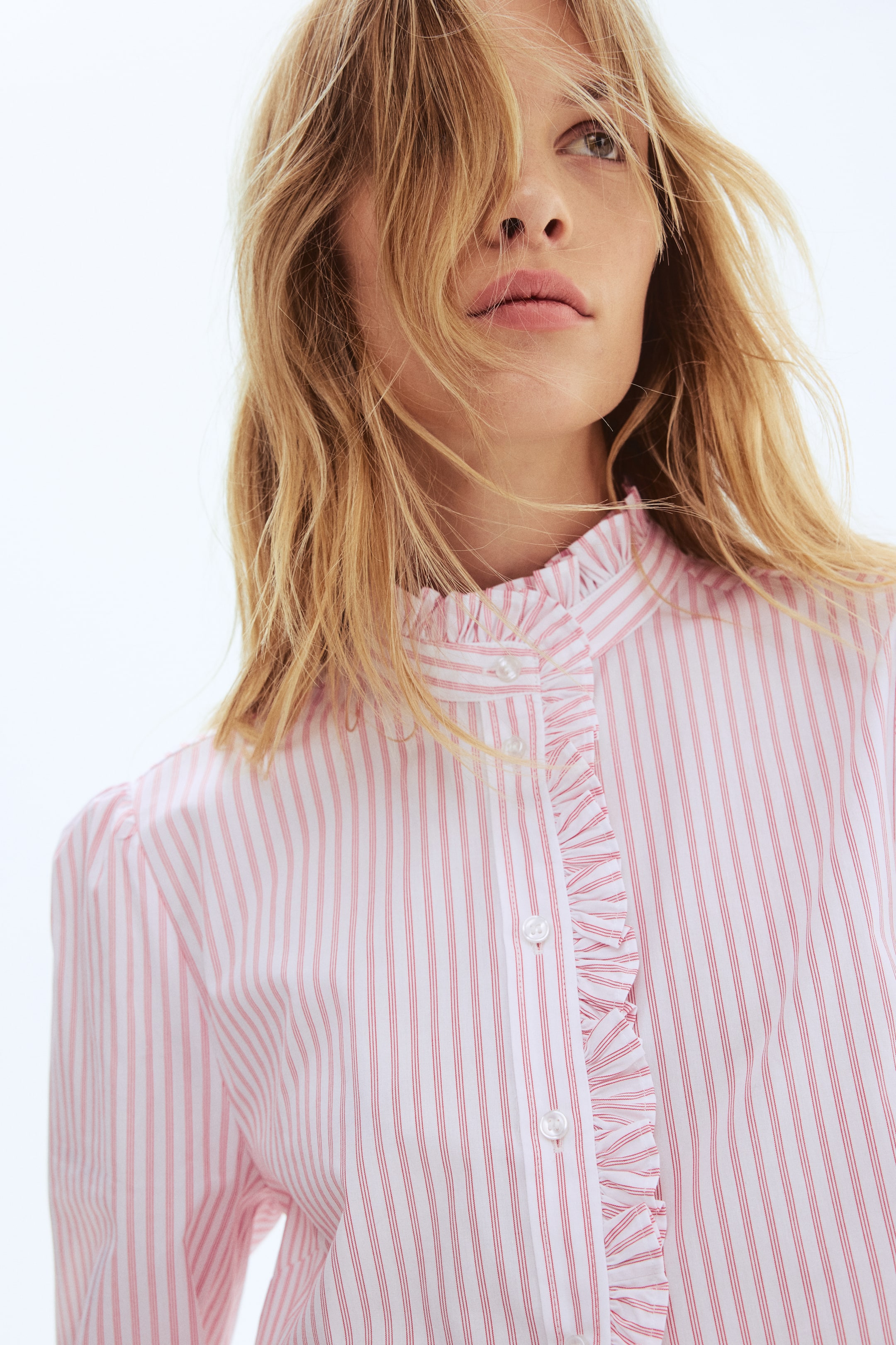 Frill-Trimmed Poplin Blouse - Blue/striped