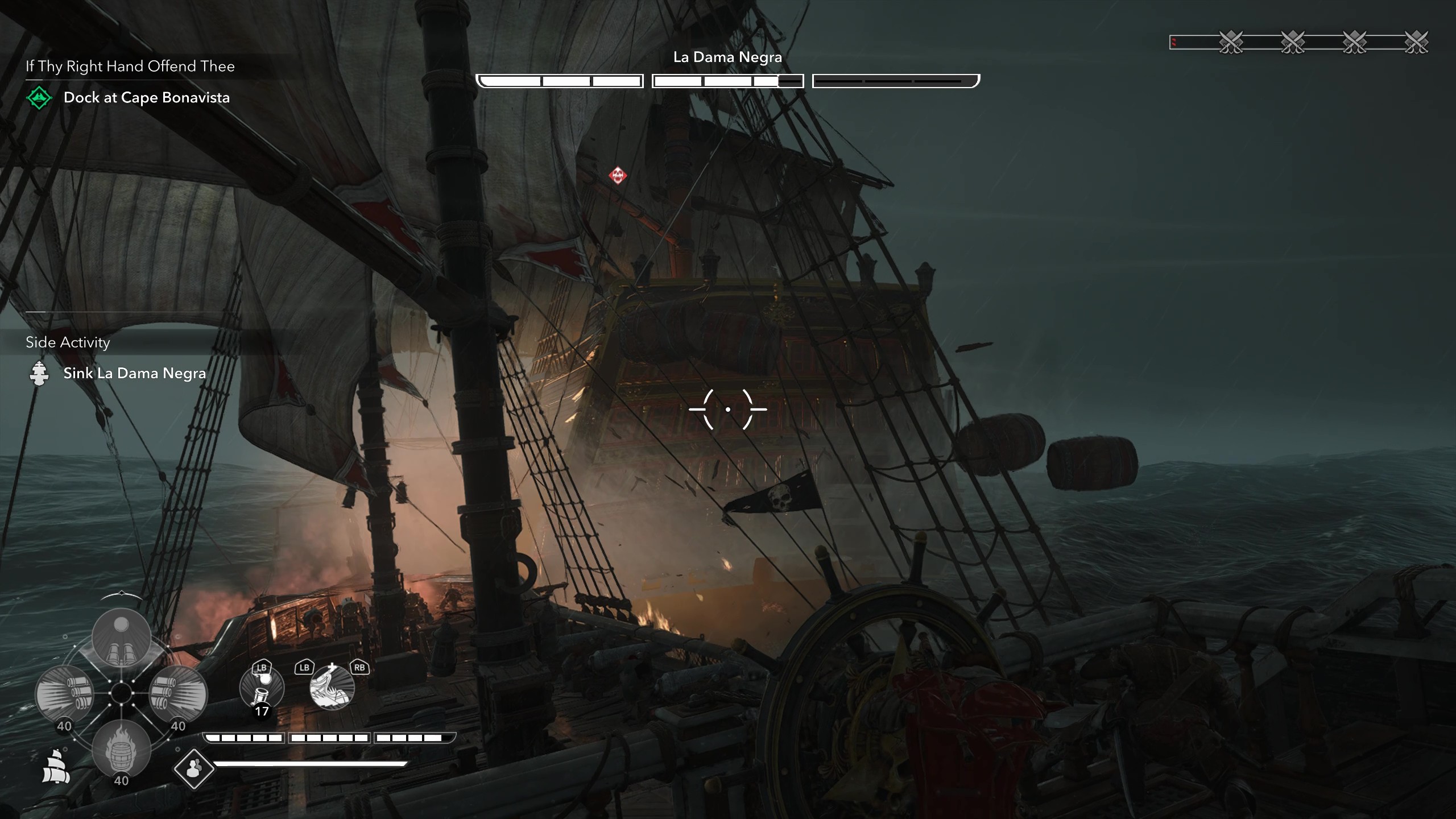 Gameplay of naval combat against La Dama Negra, dropping explosive barrels behind it.