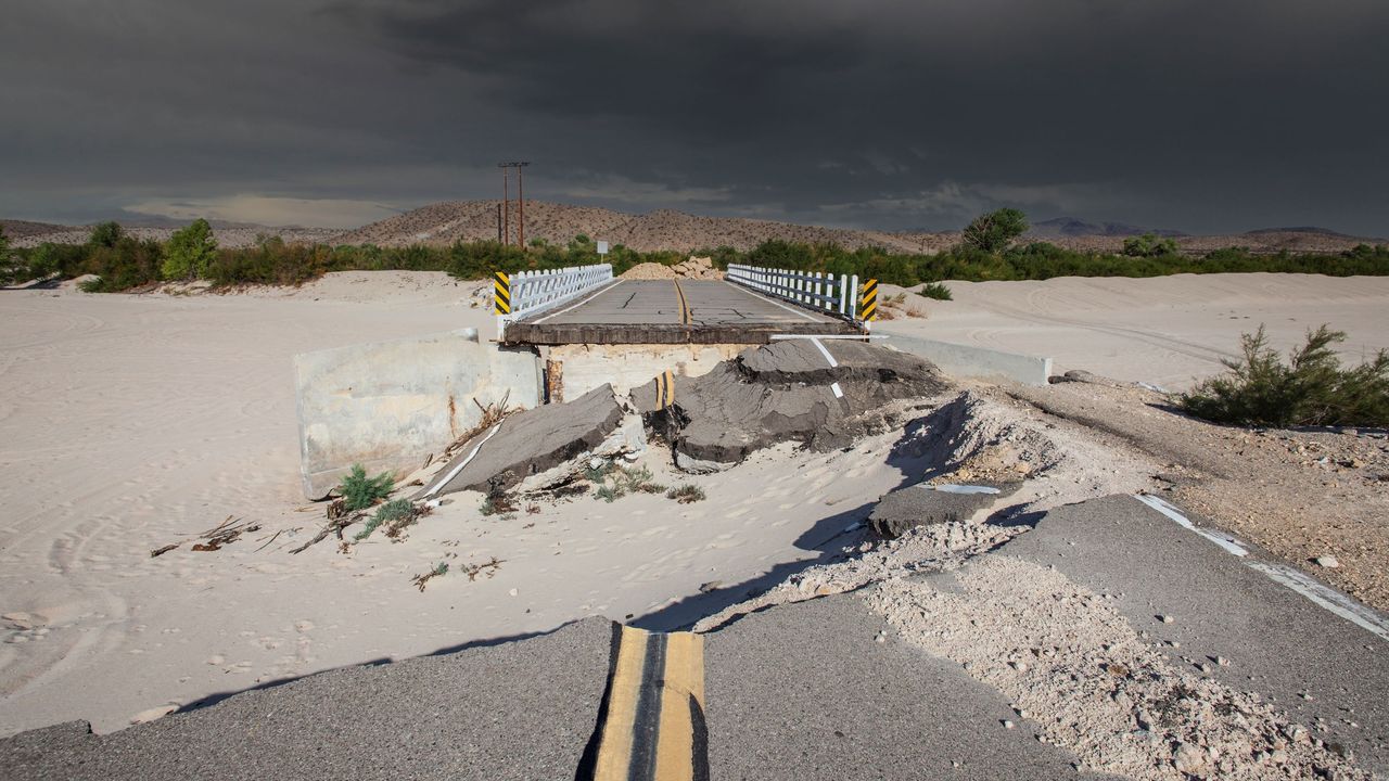 A damaged highway bridge near Barstow, California.