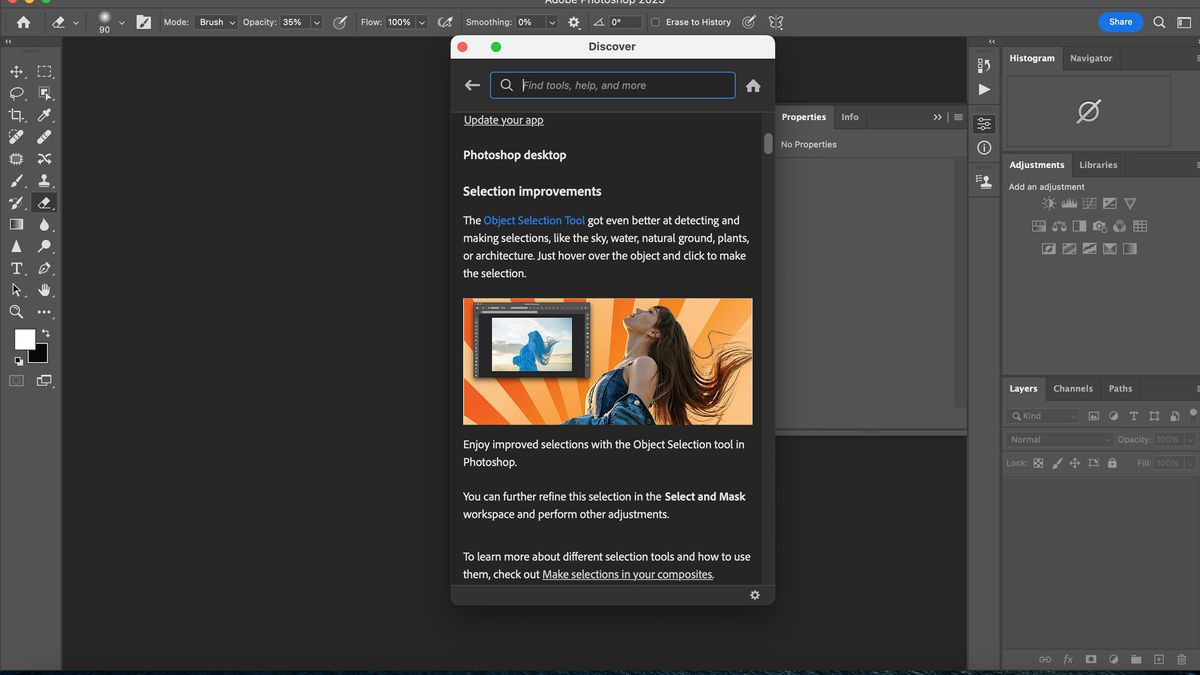 Image shows the Discover and Help section of Adobe Photoshop