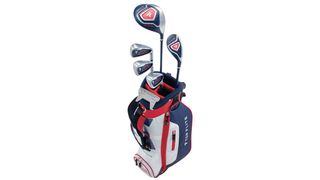 Top Flite 2022 Kids' 9-Piece Complete Set showing off its red, white and blue golf bag on a white background