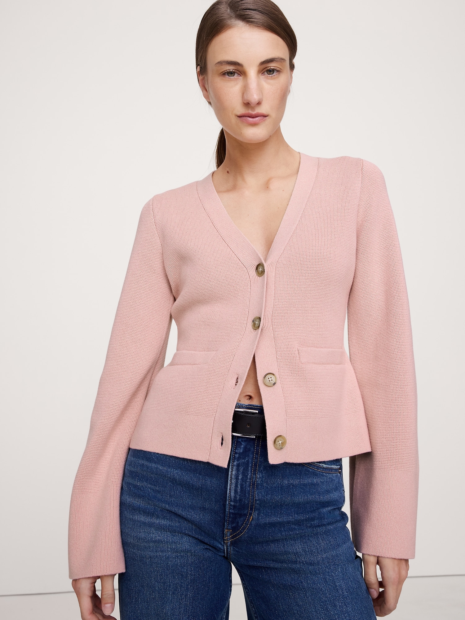 Cotton-Silk Flare-Sleeve Cardigan