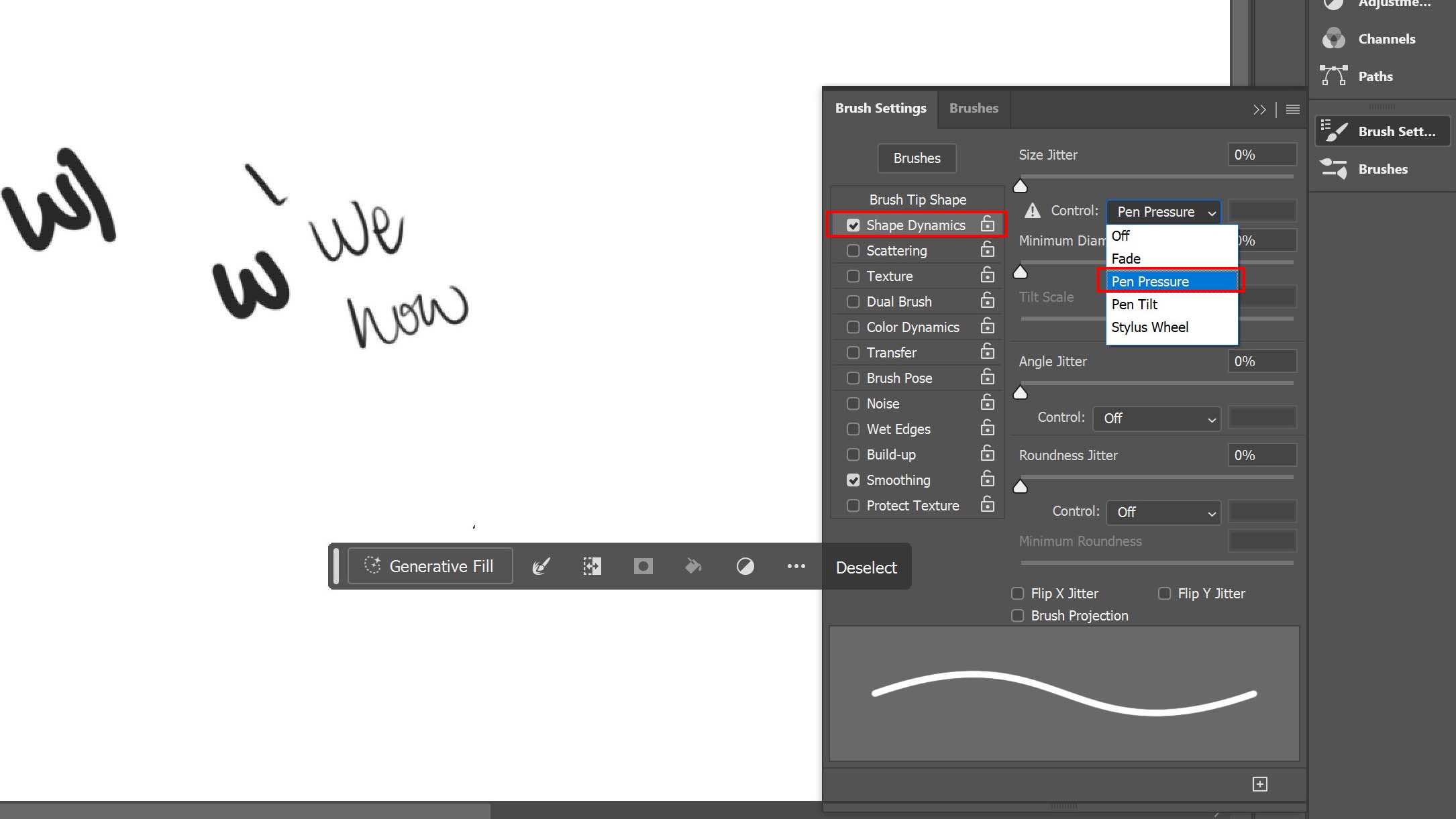 Adobe Photoshop Brush Settings for drawing with a Pen display.
