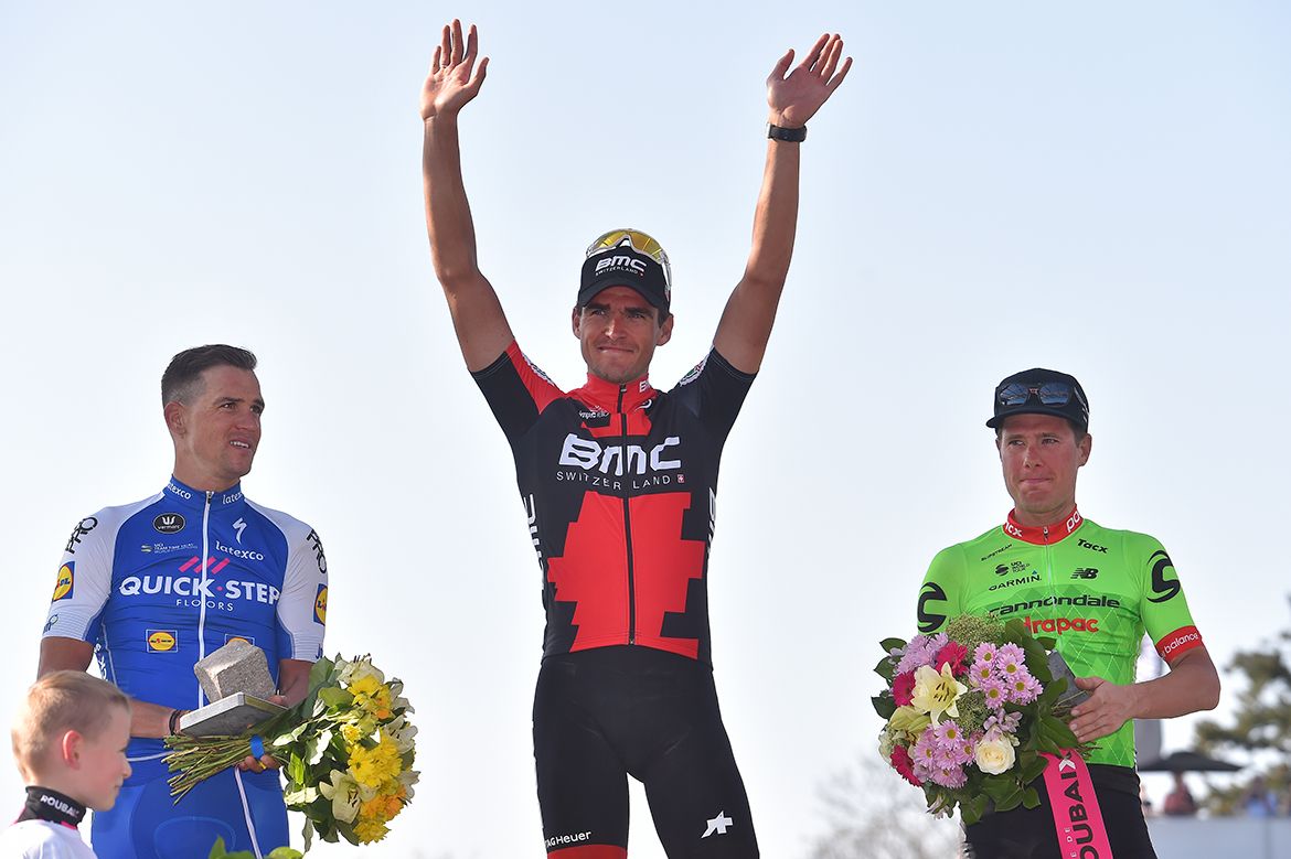 Greg Van Avermaet atop the Paris-Roubaix podium