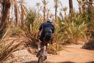 Image shows Stefan riding between the palm trees in Morocco.