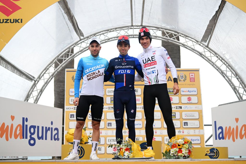 LAIGUEGLIA ITALY FEBRUARY 28 LR Andrea Vendrame of Italy and Team DecathlonAg2R La Mondiale on second place race winner Lenny Martinez of France and Team GroupamaFDJ and Juan Ayuso of Spain and Team UAE Emirates on third place pose on the podium ceremony after the 61st Trofeo Laigueglia 2024 a 202km one day race from Laiguegli to Laigueglia on February 28 2024 in Laigueglia Italy Photo by Dario BelingheriGetty Images