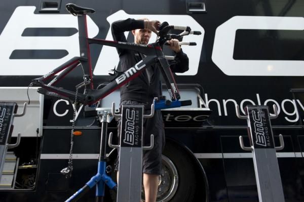 A BMC mechanic preps a time trial bike for Saturday's Tour de France prologue.