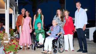 (L-R) Jean Henri Fruchaud, Queen Letizia of Spain, Princess Sofia, Princess Irene of Greece, Tatiana Radziwill, Crown Princess Leonor of Spain, Queen Sofia and King Felipe VI of Spain arrive at the Mia restaurant on August 04, 2024 in Palma de Mallorca