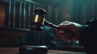 Hand banging a gavel in a dark courtroom