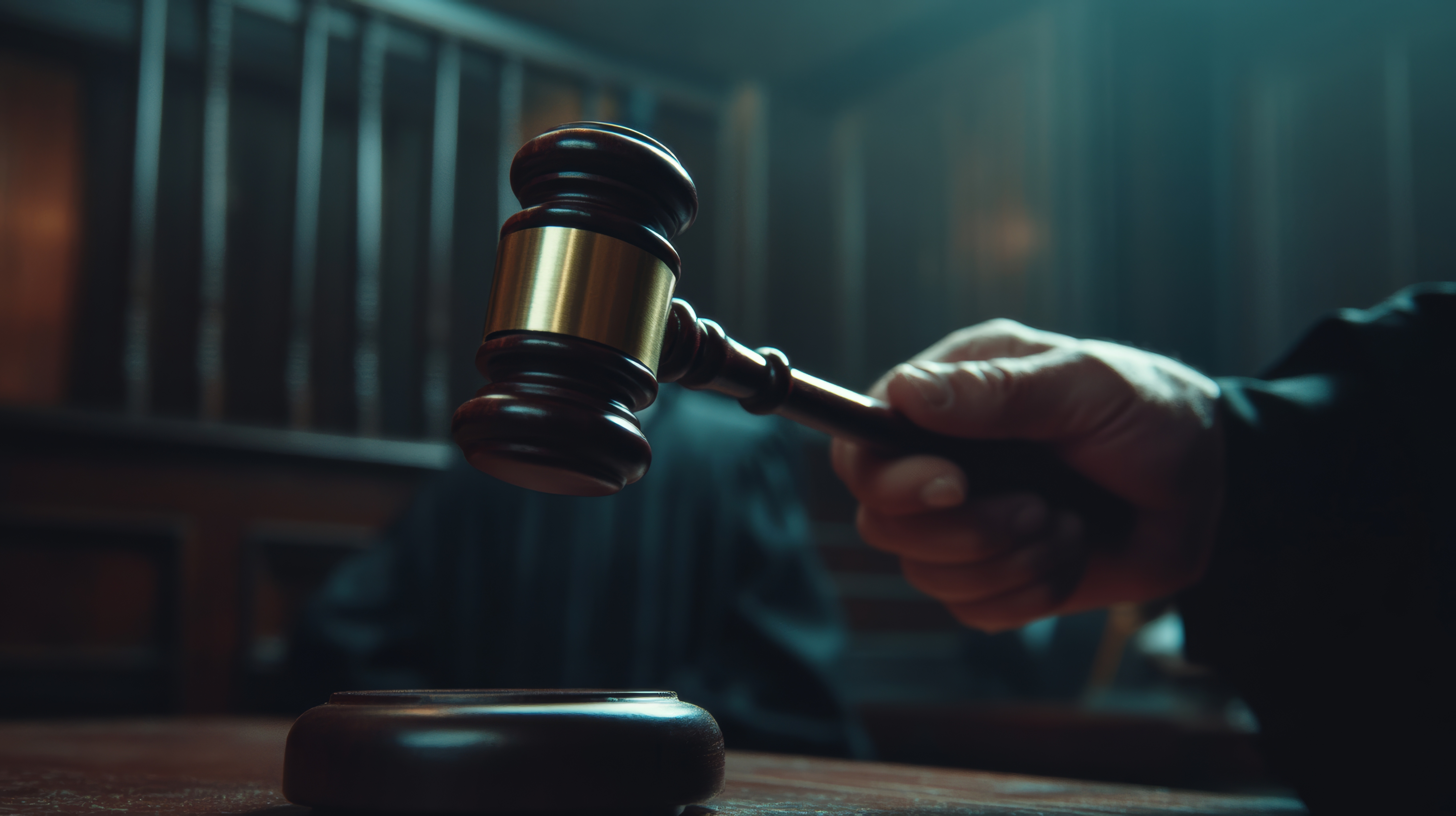Hand banging a gavel in a dark courtroom