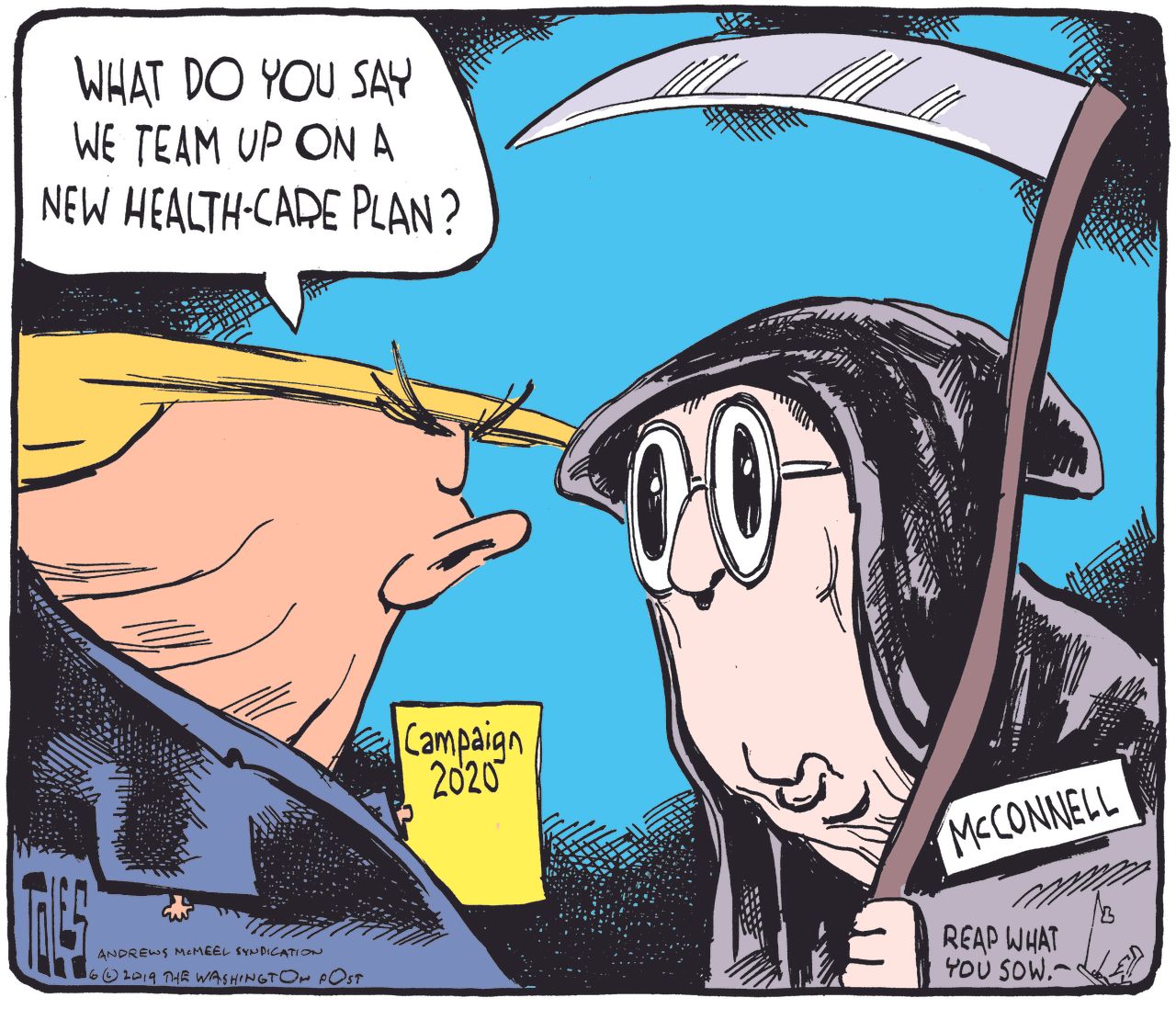 Political Cartoon Mitch McConnell Grim Reaper Trump Healthcare