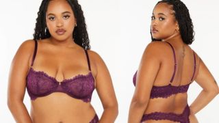 Plus size lingerie in purple bra and thong shown on model front and side/back angle