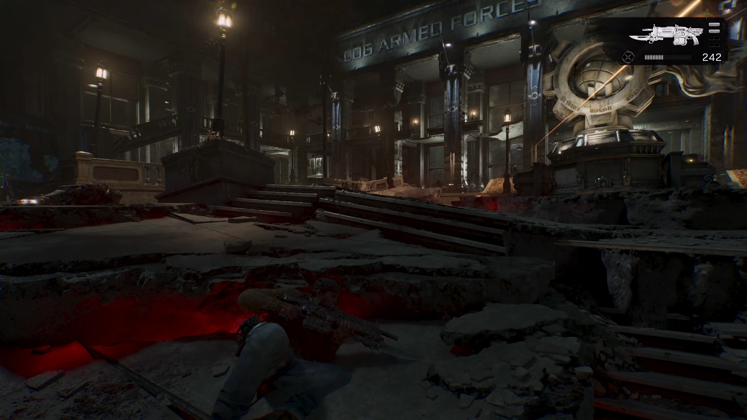 Gears of War: E-Day screenshot of the player using the new low cover mechanic.