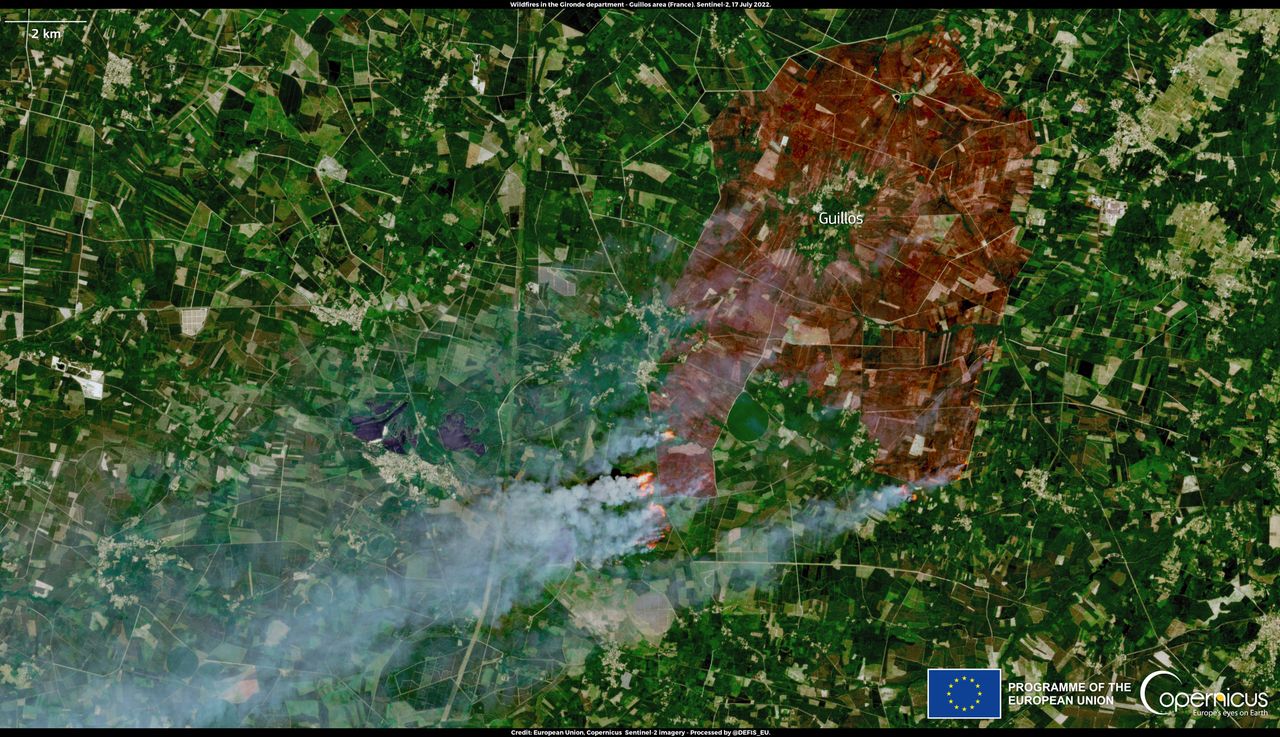 A wildfire near Bordeaux in the southwest of France.