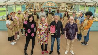 The Great British Bake Off hosts, judges and bakers.