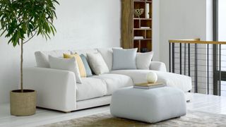 Sofa.com Carmel Chaise in Alabaster brushed linen cotton £2,900 and Carmel Footstool in Coastal heringbone weave £480