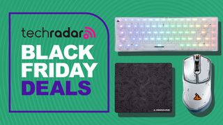 Higround Yuma Wireless Mouse, BLACKICE Large Mousepad and OPAL Base 65 Keyboard on a green background next to text reading 'TechRadar Black Friday deals'