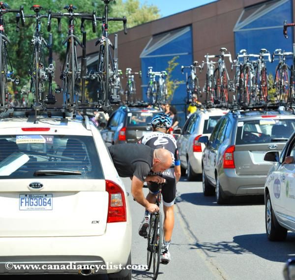 Thomas Peterson (USA) Team Garmin-Cervelo gets a minor adjustment from his mechanic.