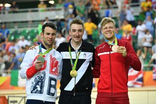 Mark Cavendish (GBR), Elia Viviani (ITA) and Lasse Norman Hansen (DEN) on the podium for the omnium at the 2016 Olympic Games (Watson)