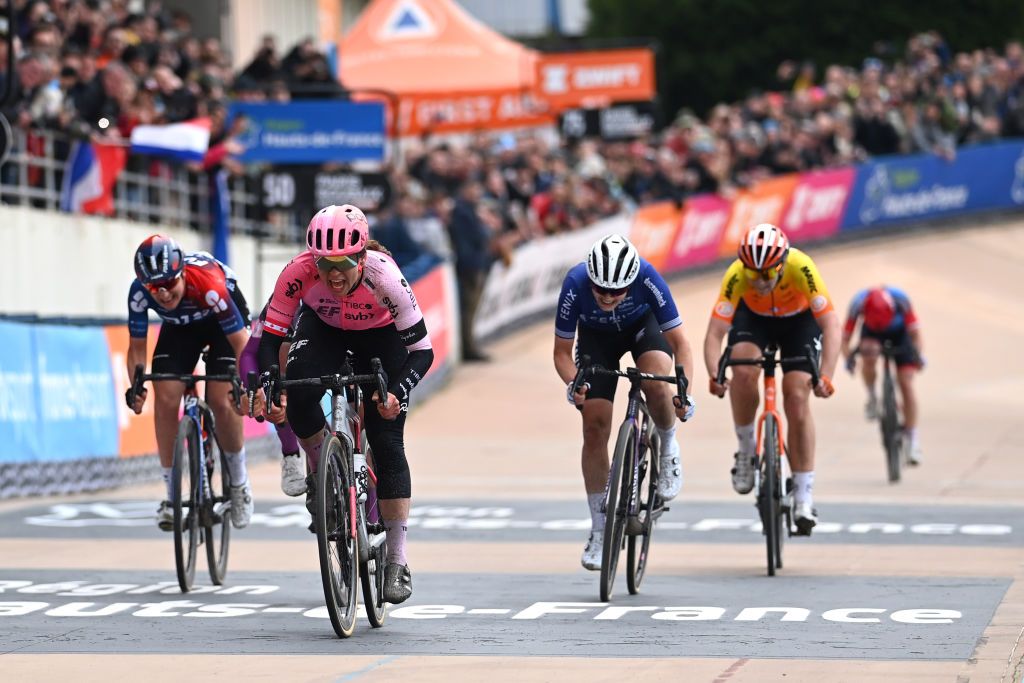 ROUBAIX FRANCE APRIL 08 Alison Jackson of Canada and Team EF EducationTibcoSvb celebrates at finish line as race winner ahead of Katia Ragusa of Italy and Team Liv Racing Teqfind and Marthe Truyen of Belgium and Team FenixDeceuninck during the 3rd ParisRoubaix Femmes 2023 a 1454km one day race from Denain to Roubaix UCIWWT on April 08 2023 in Roubaix France Photo by Tim de WaeleGetty Images