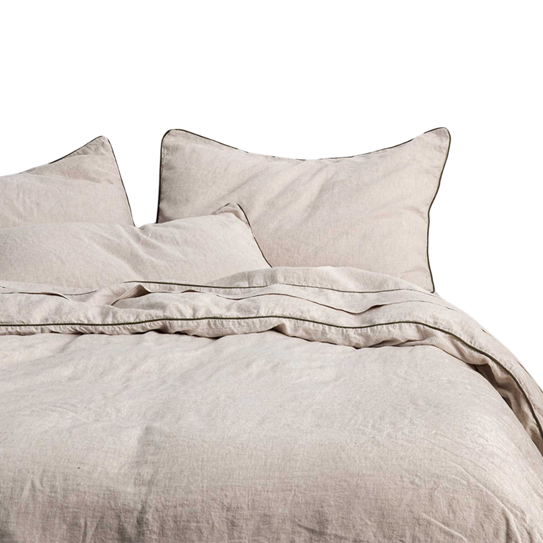Piped Linen Sheet Set With Pillowcases - Natural and Forest