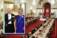 King Charles III and Camilla Queen Consort at State banquet as drop in image on State banquet hall