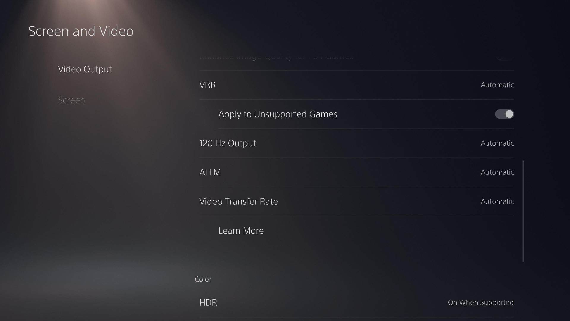 PS5 Pro settings page